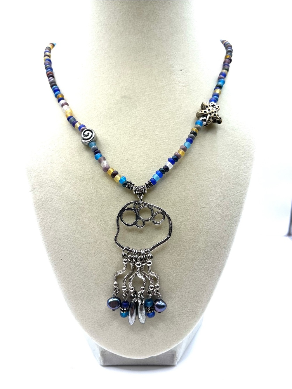 Medusa Jellyfish Multicolor Blue Beaded Pendant Necklace with Silver Charm